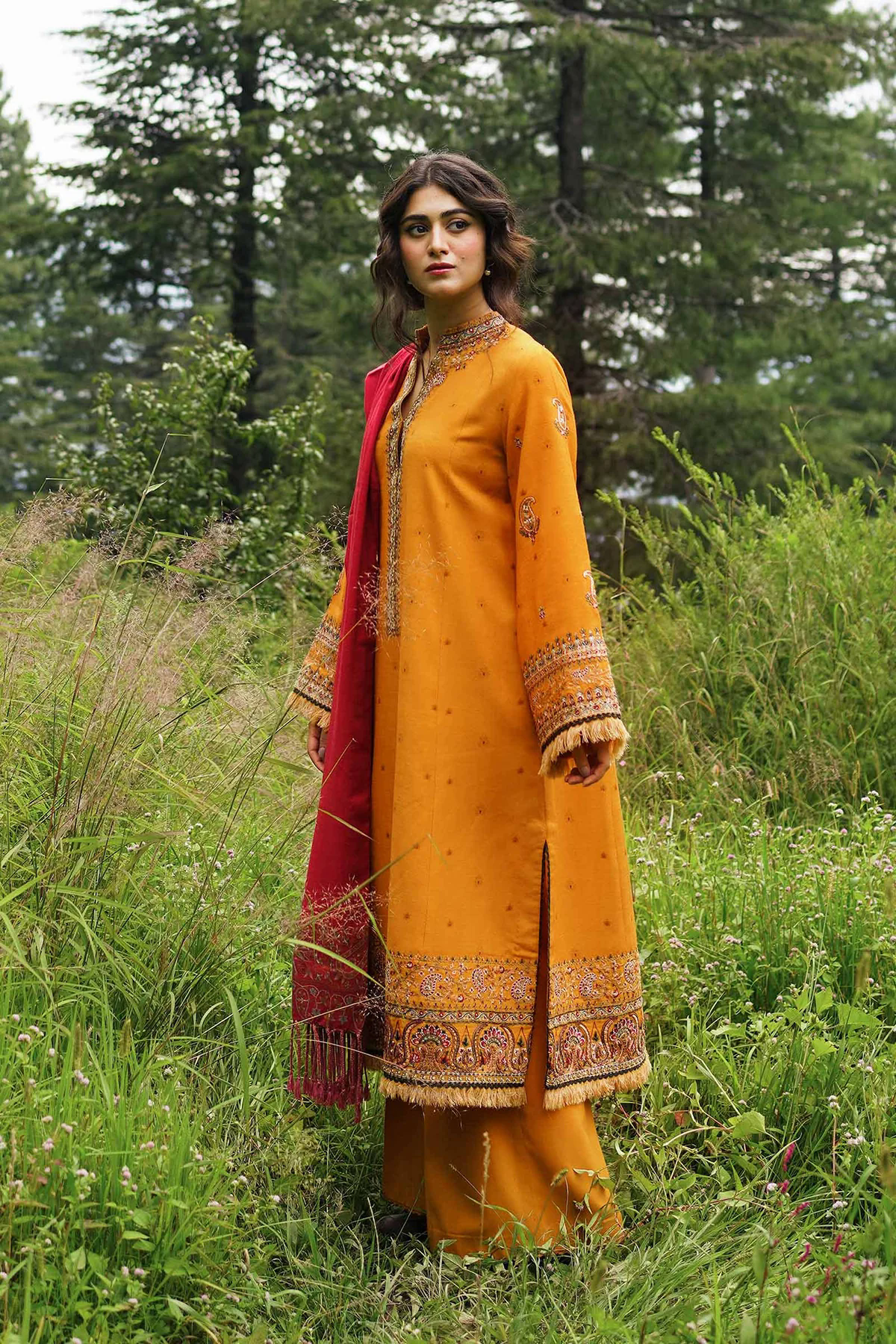 3PC Embroidered Linen with Printed Shawl - GA1755