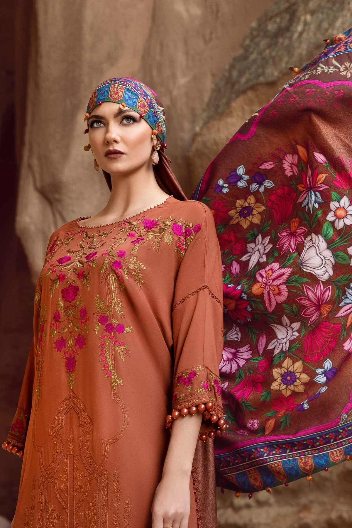 Embroidered Dhanak 3pc with Whool Shawal- GA1976
