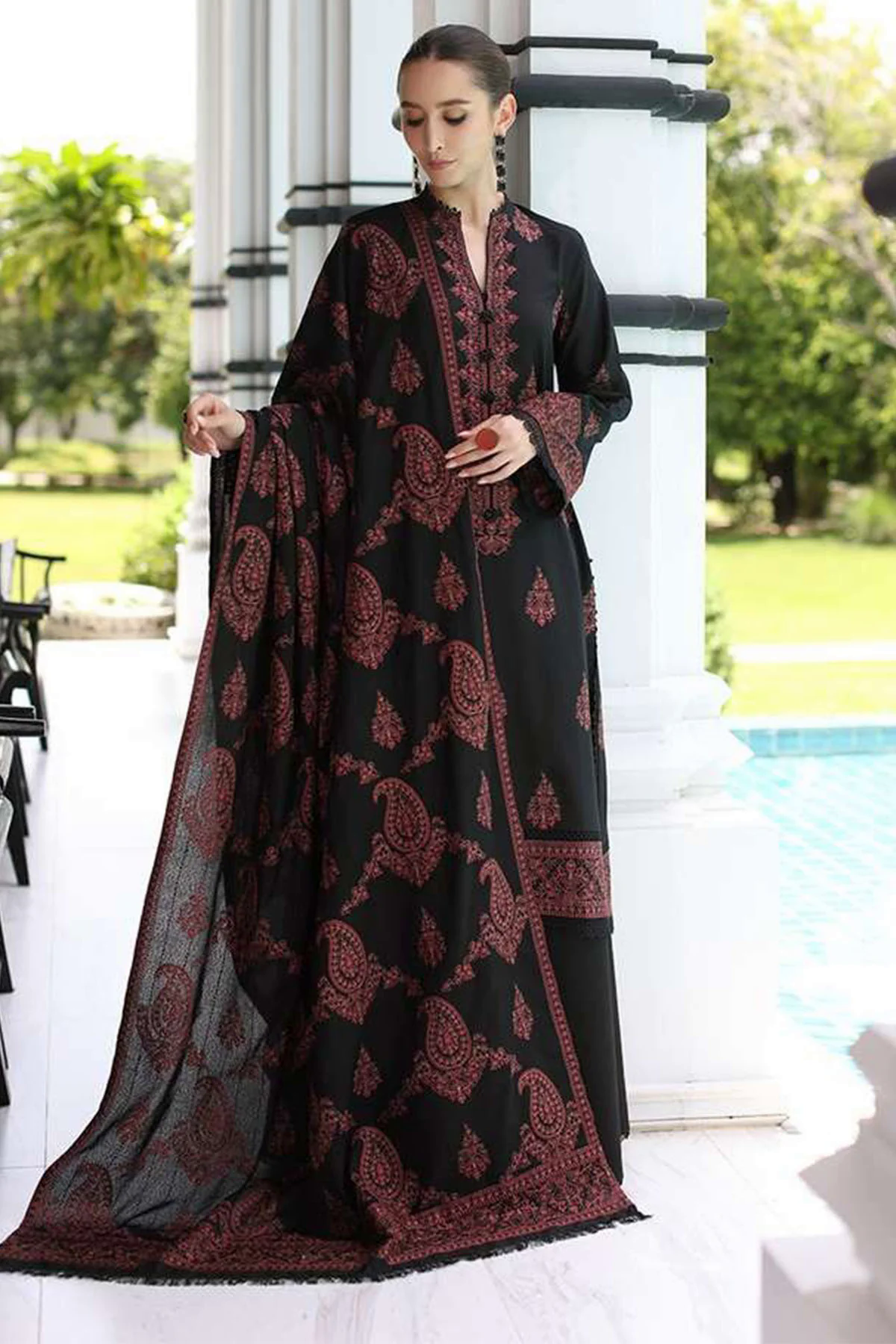 3PC Embroidered Dhanak Suit with Heavy Embroidered Shawal -GA1965