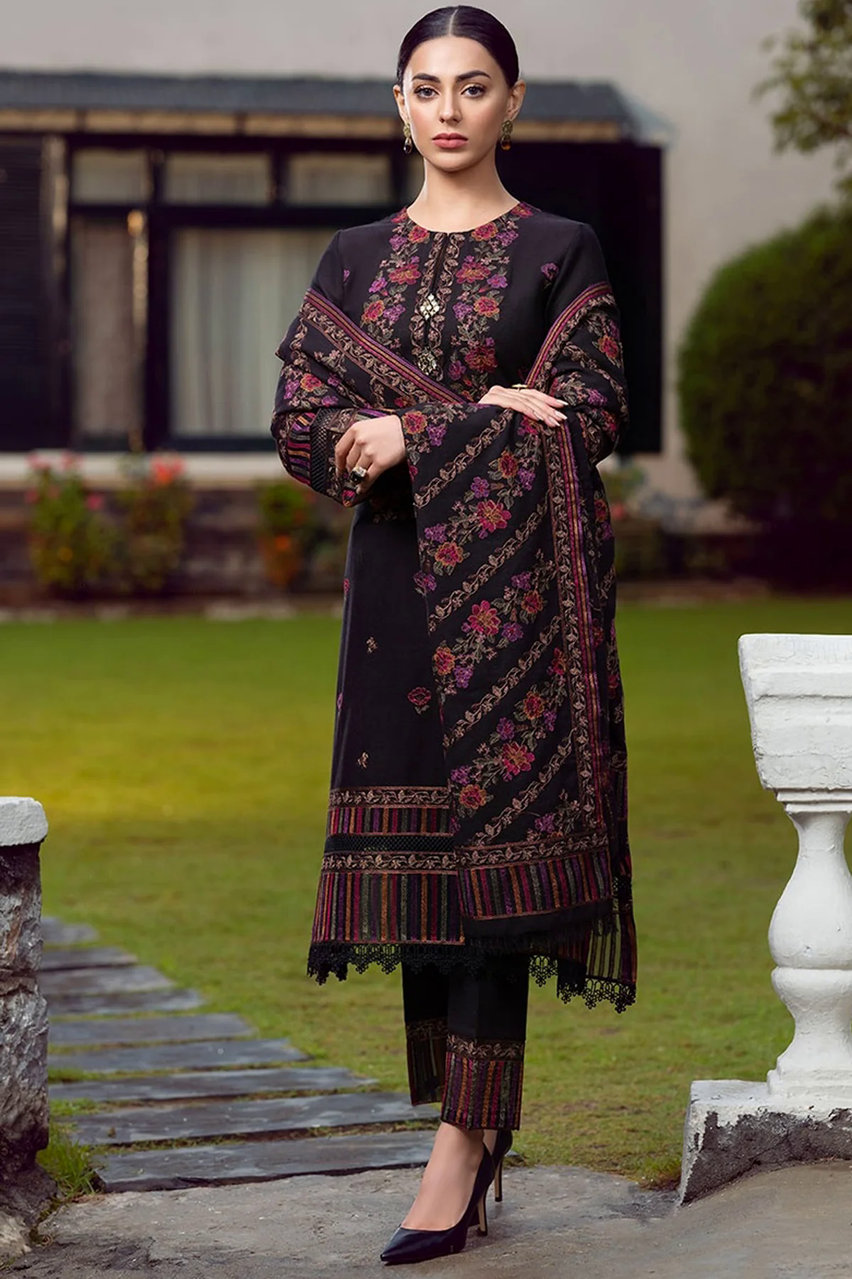 3PC Embroidered Karandi Suit with Heavy Embroidered Shawal -GA102171