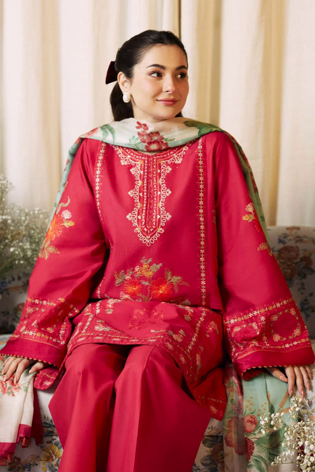 Embroidered Lawn 3pc with Printed Slub Net Dupatta- GA1904