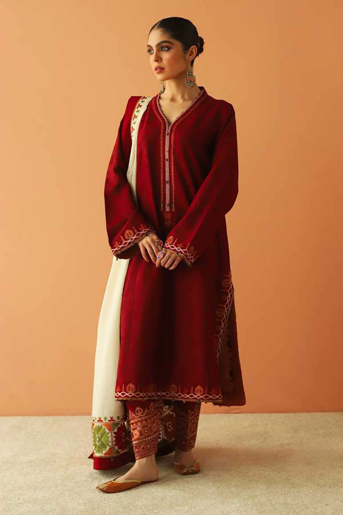 3PC Embroidered Dhanak with Embroidered Dhanak Shawl - GA1754