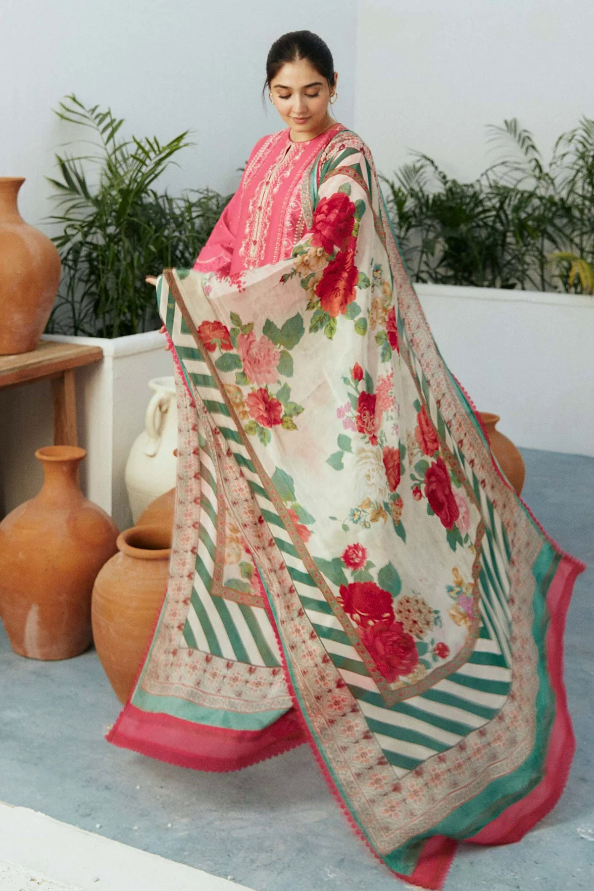 Embroidered Lawn 3pc with Silk Printed Chiffon Dupatta - GA1885