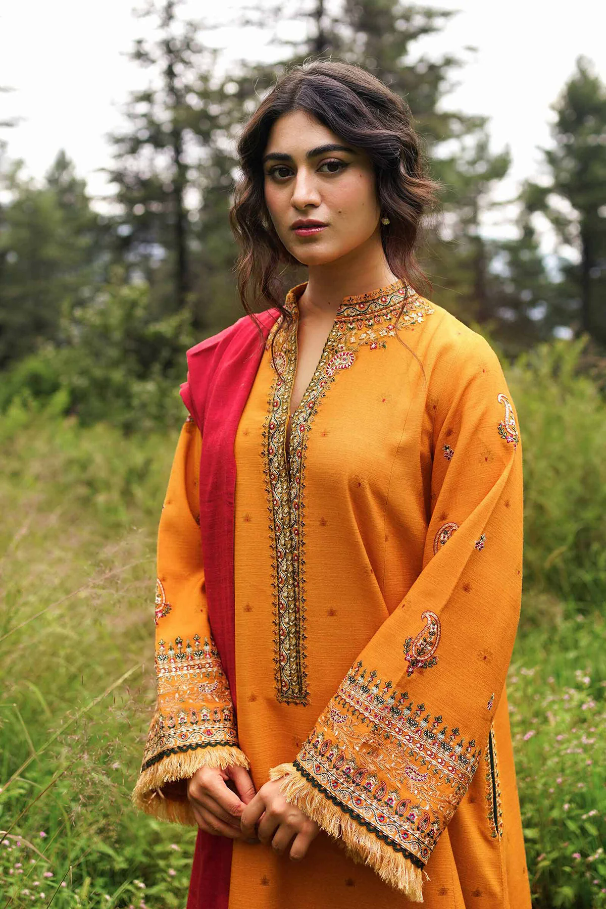 3PC Embroidered Linen with Printed Shawl - GA1755