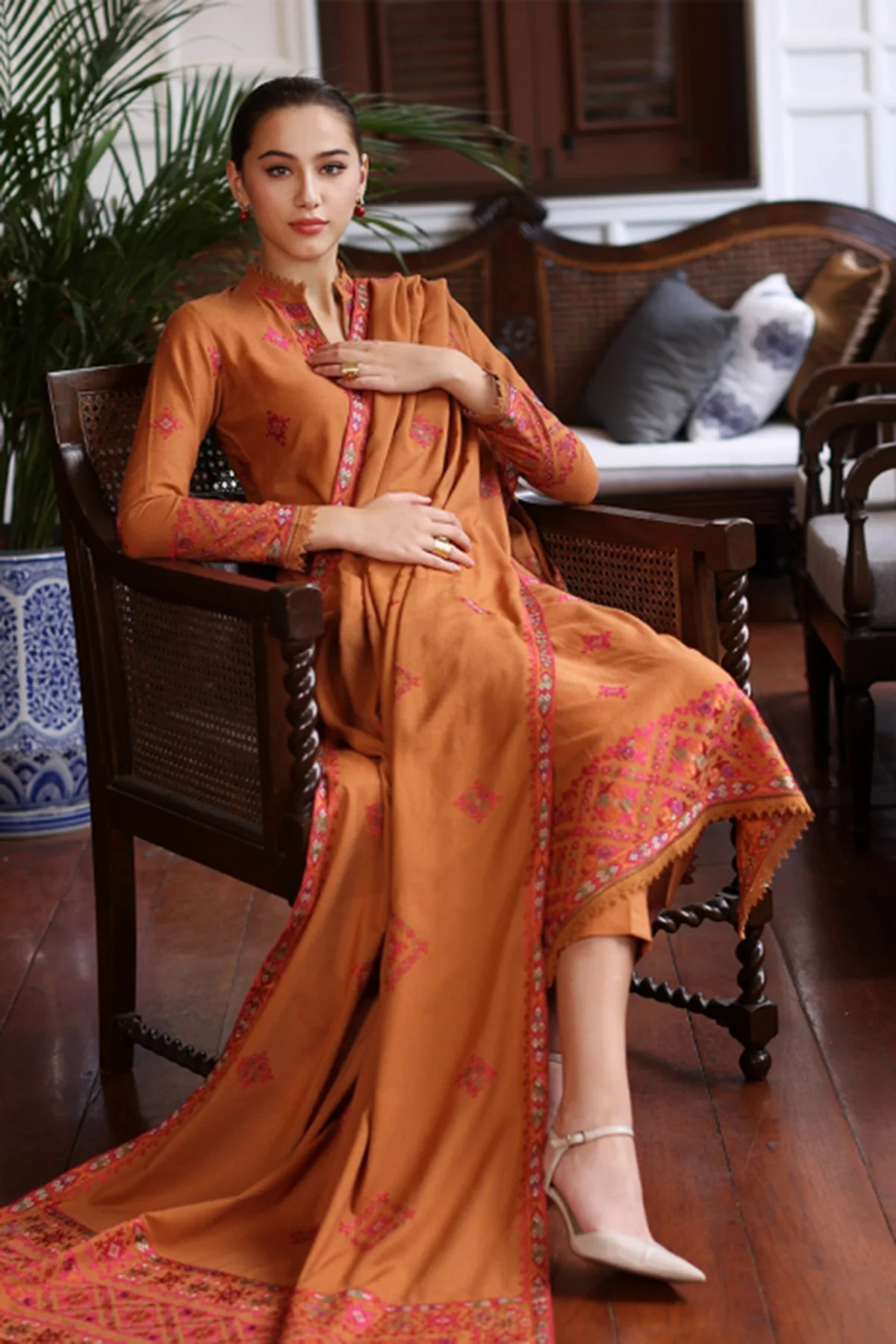 3PC Embroidered Dhanak with Embroidered Shawl - GA1787