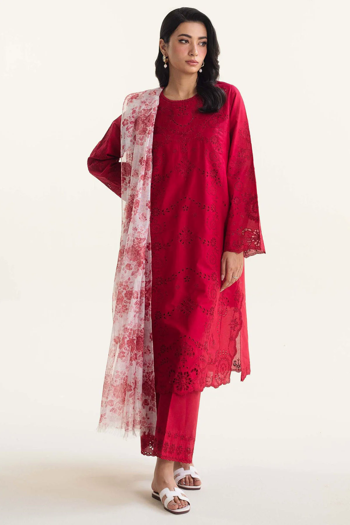 Embroidered Lawn 3pc with Printed Slub Net Dupatta- GA1898