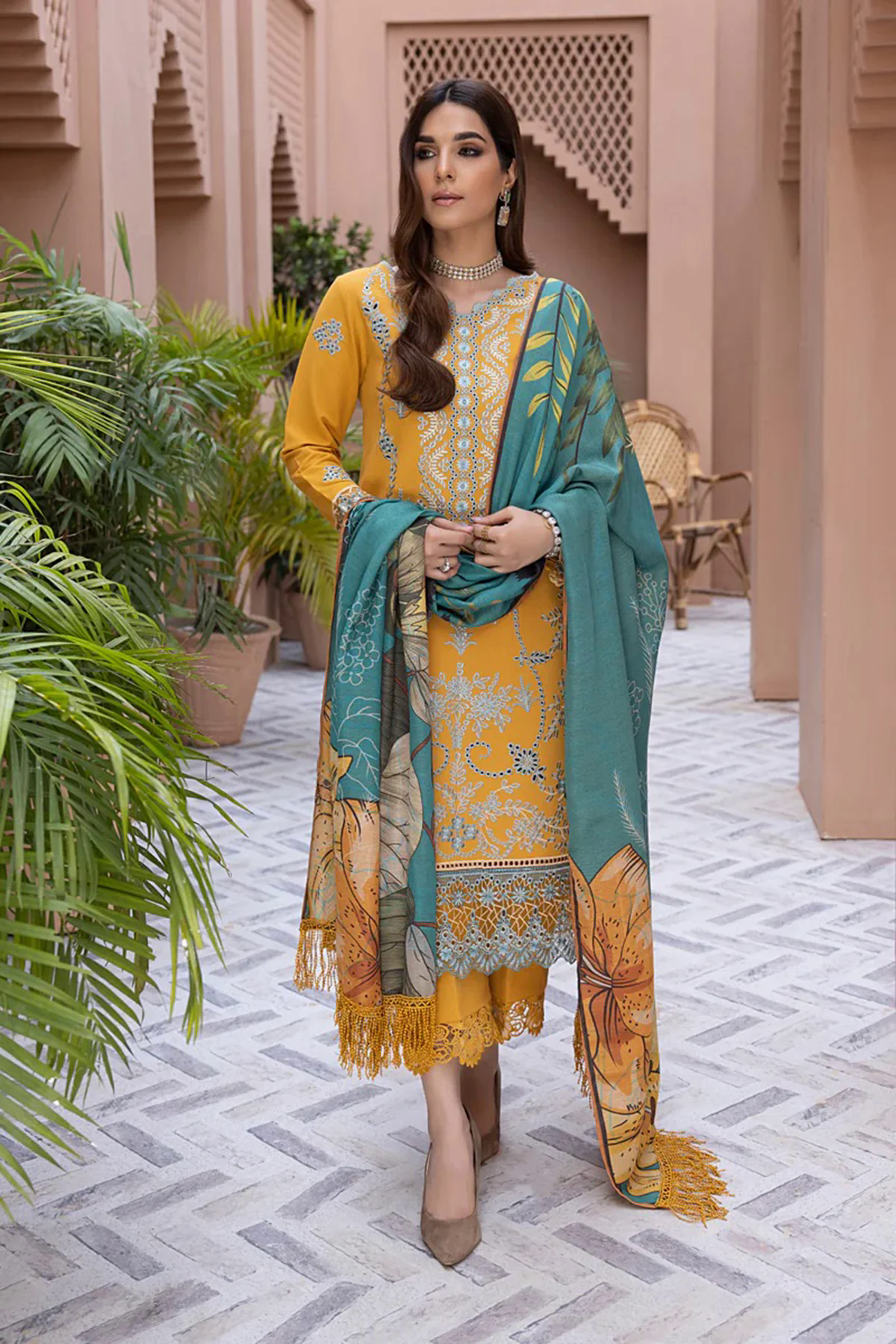 Winter 3PC Embroidered Dhanak with Printed Shawl - GA1785
